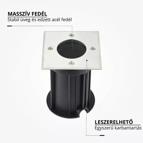 Négyzet, IP67 védettségű, GU10 foglalatos talajba építhető LED lámpa kerti utakhoz