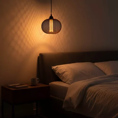 11705 nagyméretű lapított gömb alakú E27 designer LED izzó fekete rácsos textúrával