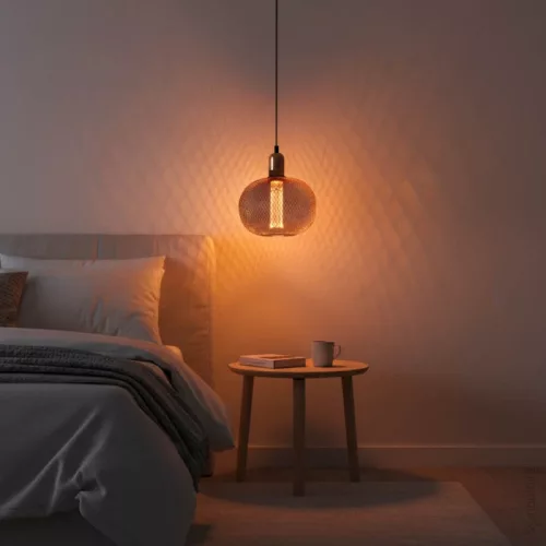 11706 nagyméretű lapított gömb alakú E27 designer LED izzó réz rácsos textúrával
