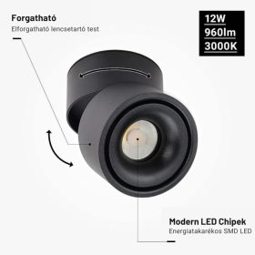Dönthető LED Spotlámpa 12W, 960lm, Meleg Fényű. Fekete
