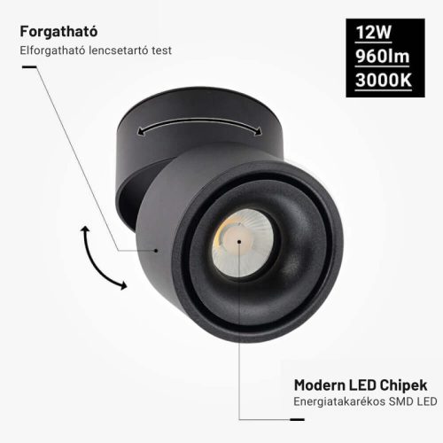 Dönthető LED Spotlámpa 12W, 960lm, Meleg Fényű. Fekete