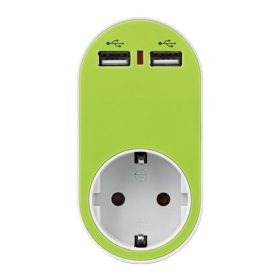 Zöld színű 3az1-ben konnektor elosztó és USB töltő adapter gyerekvédelemmel