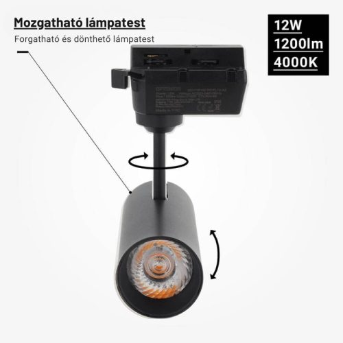 Bridgelux sínes LED lámpa 12W 1200lm 24° 4000K fekete