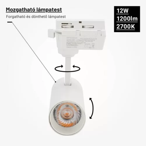 Bridgelux sínes LED lámpa 12W 1200lm 24° 4000K fekete