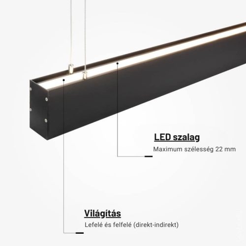Lineáris Lámpa Profil Opál Fedővel Direkt/Indirekt Világítással 2 méter - Fekete, Alumínium
