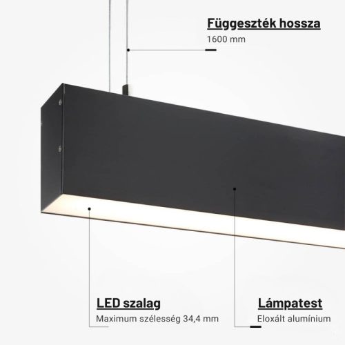 Lineáris Lámpa Profil Opál Fedővel Direkt/Indirekt Világítással 2 méter - Fekete, Alumínium