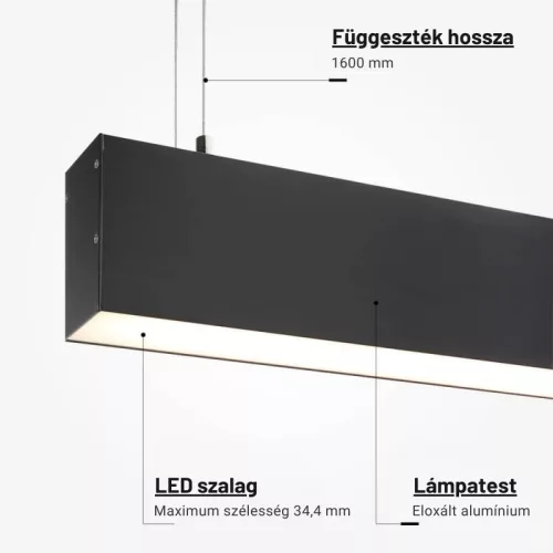 Lineáris Lámpa Profil Opál Fedővel Direkt/Indirekt Világítással 2 méter - Fekete, Alumínium