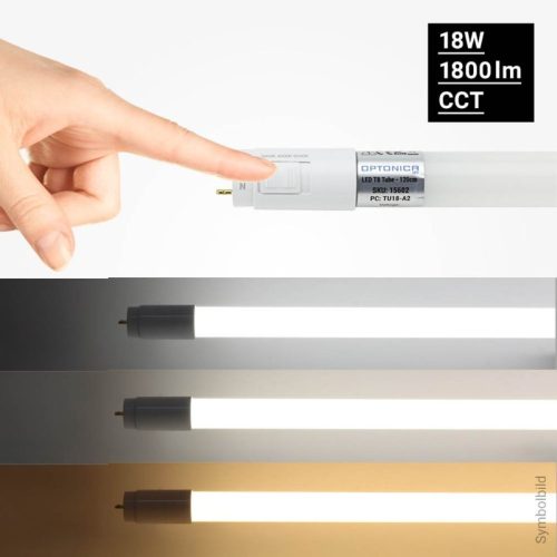 CCT (színhőmérséklet-váltós) T8 LED fénycső 18W, 120cm, mely 3000K, 4000K és 6000K fényszínre is képes