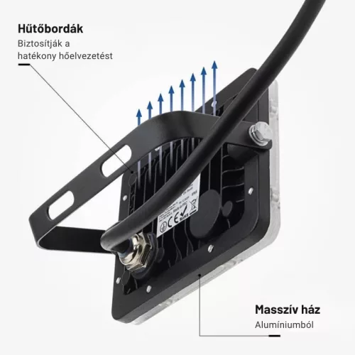 Professzionális, 10W-os, fekete LED reflektor, IP65 védelemmel, meleg fehér