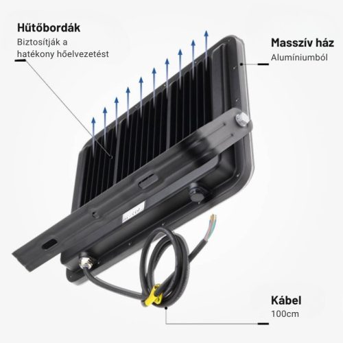 Professzionális, Ipari 200W-os, fekete LED reflektor, IP65 védelemmel, hideg fehér