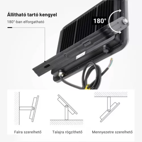 Professzionális, Ipari 300W-os, fekete LED reflektor, IP65 védelemmel, természetes fehér