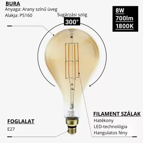 Extrém nagy 32 centiméter hosszú dimmelhető aranysárga klasszikus körte alakú vintage LED izzó E27 foglalattal és 1800K szuper meleg fénnyel