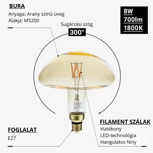 Extrém nagy 20 centiméteres dimmelhető aranysárga gomba alakú MS200 vintage LED izzó E27 foglalattal és 1800K szuper meleg fénnyel
