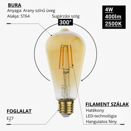 Látványos aranysárga üvegű ST64 vintage Edison dekorációs LED izzó E27 foglalattal és extra meleg fehér fénnyel
