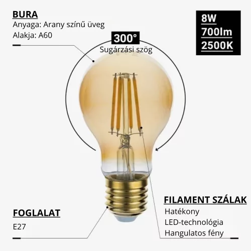 Klasszikus normál körte formájú A60 aranysárga üvegű vintage dekorációs LED izzó E27 foglalattal és erős 700 lumenes extra meleg fehér fénnyel