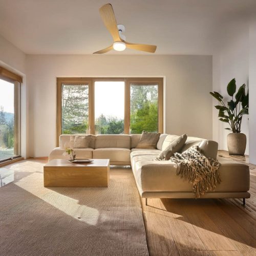 Fehér fa mennyezeti ventilátor lámpa – LED világítással és távirányítóval