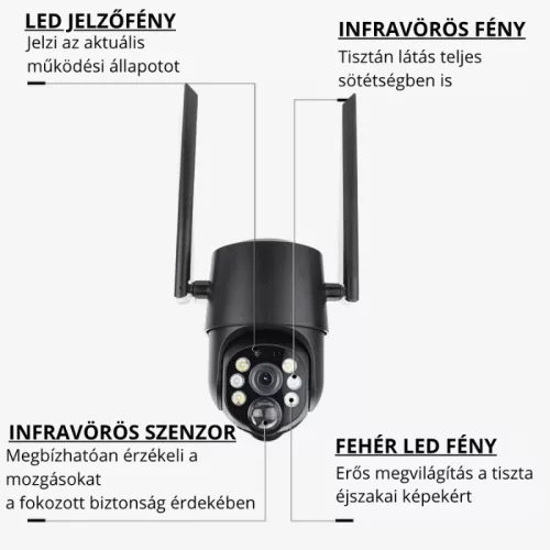 Vezeték nélküli napelemes WiFi fekete biztonsági kamera 2K felbontással