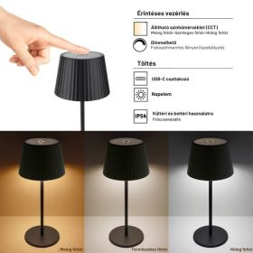   Napelemes asztali lámpa állítható színhőmérséklettel újratölthető akkumulátorral redős ernyővel IP54 fekete