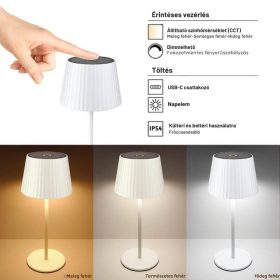   Napelemes asztali lámpa állítható színhőmérséklettel újratölthető akkumulátorral redős ernyővel IP54 fehér
