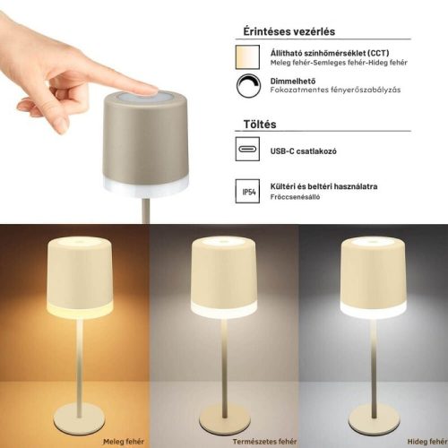 Asztali lámpa állítható színhőmérséklettel újratölthető akkumulátorral IP54 bézs