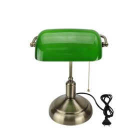 Klasszikus retro banklámpa zöld üvegbúrával és bronz talppal, E27 foglalattal