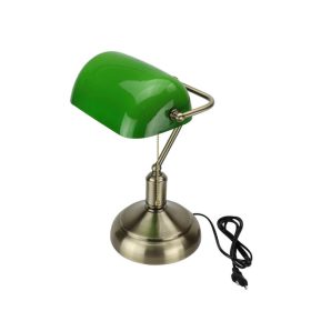 Klasszikus retro banklámpa zöld üvegbúrával és bronz talppal, E27 foglalattal