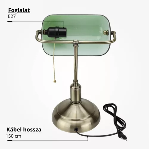 Klasszikus retro banklámpa zöld üvegbúrával és bronz talppal, E27 foglalattal