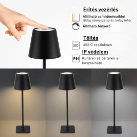   Fekete Kültéri LED Asztali Lámpa Újratölthető Akkumulátorral, 2.5W, CCT, Dimmelhető, IP44