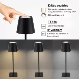   Fekete Kültéri LED Asztali Lámpa Újratölthető Akkumulátorral, 2.5W, CCT, Dimmelhető, IP44