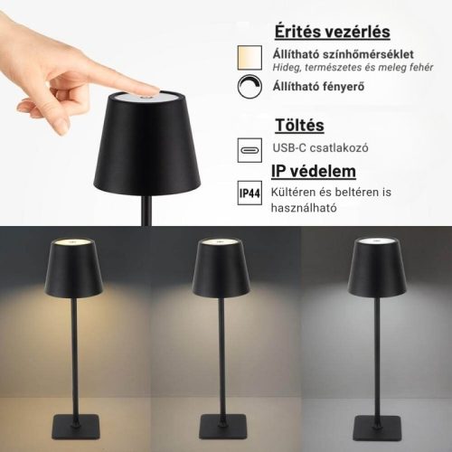 Fekete Kültéri LED Asztali Lámpa Újratölthető Akkumulátorral, 2.5W, CCT, Dimmelhető, IP44
