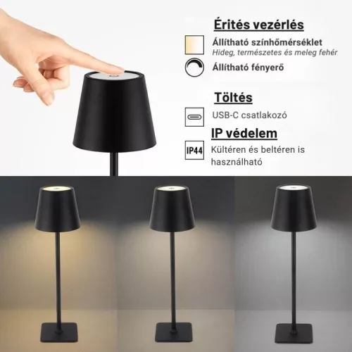 Fekete Kültéri LED Asztali Lámpa Újratölthető Akkumulátorral, 2.5W, CCT, Dimmelhető, IP44