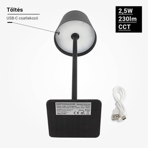 Fekete Kültéri LED Asztali Lámpa Újratölthető Akkumulátorral, 2.5W, CCT, Dimmelhető, IP44