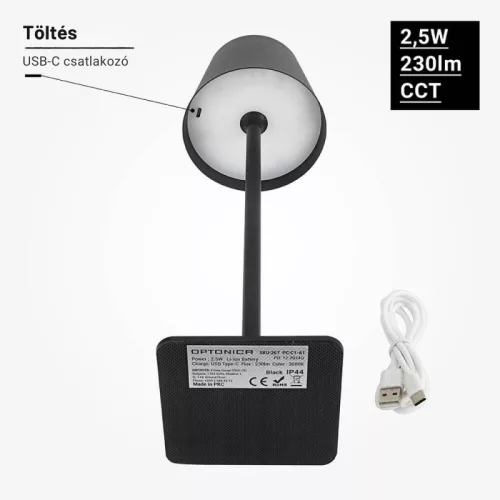 Fekete Kültéri LED Asztali Lámpa Újratölthető Akkumulátorral, 2.5W, CCT, Dimmelhető, IP44