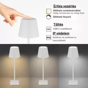   Fehér Kültéri LED Asztali Lámpa Újratölthető Akkumulátorral, 2.5W, CCT, Dimmelhető, IP44