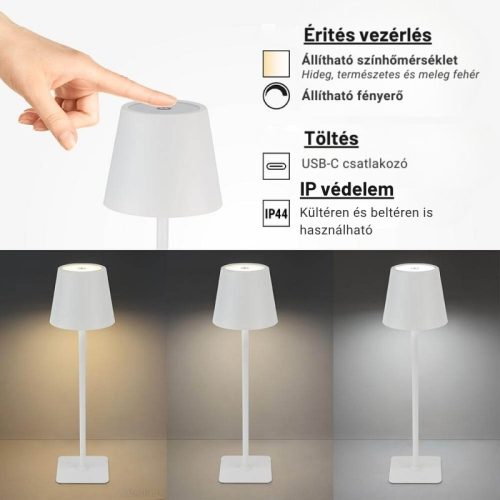 Fehér Kültéri LED Asztali Lámpa Újratölthető Akkumulátorral, 2.5W, CCT, Dimmelhető, IP44