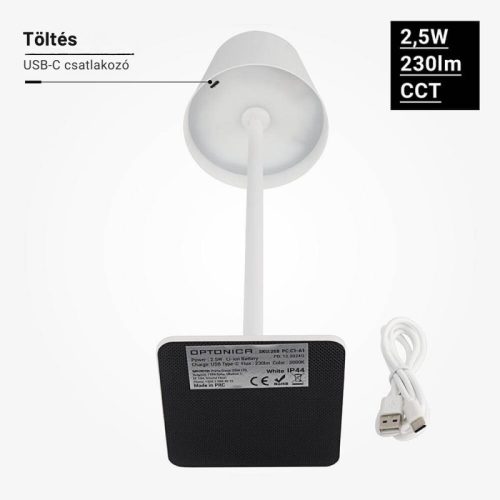 Fehér Kültéri LED Asztali Lámpa Újratölthető Akkumulátorral, 2.5W, CCT, Dimmelhető, IP44