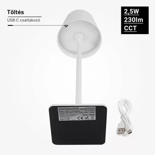 Fehér Kültéri LED Asztali Lámpa Újratölthető Akkumulátorral, 2.5W, CCT, Dimmelhető, IP44