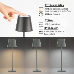   Szürke Kültéri LED Asztali Lámpa Újratölthető Akkumulátorral, 2.5W, CCT, Dimmelhető, IP44
