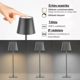   Szürke Kültéri LED Asztali Lámpa Újratölthető Akkumulátorral, 2.5W, CCT, Dimmelhető, IP44
