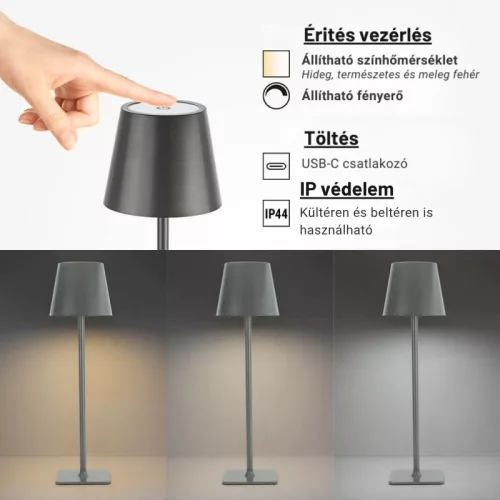 Szürke Kültéri LED Asztali Lámpa Újratölthető Akkumulátorral, 2.5W, CCT, Dimmelhető, IP44
