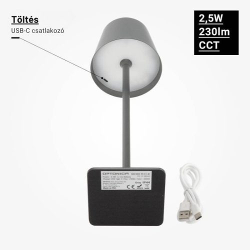 Szürke Kültéri LED Asztali Lámpa Újratölthető Akkumulátorral, 2.5W, CCT, Dimmelhető, IP44