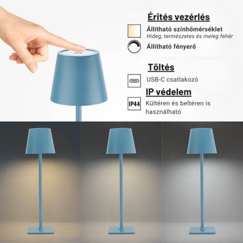 Kék Kültéri LED Asztali Lámpa Újratölthető Akkumulátorral, 2.5W, CCT, Dimmelhető, IP44