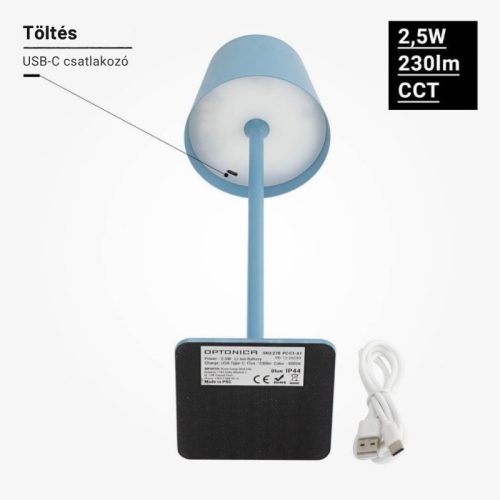 Kék Kültéri LED Asztali Lámpa Újratölthető Akkumulátorral, 2.5W, CCT, Dimmelhető, IP44