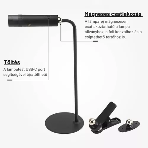 Multifunkciós LED Asztali Lámpa Vezeték nélküli, 3W, 4000K, Fekete Fali/asztali lámpa