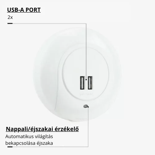 Optonica 276 konnektorba dugható 0.5W-os beépített alkonyérzékelős és 2 db USB csatlakozóval ellátott automata LED éjszakai fény fehér színben