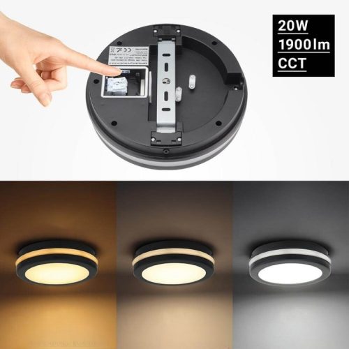 Kültéri IP védett LED mennyezeti lámpa 20W 1900lm CCT(állítható színhőmérséklet) IP65, Fekete