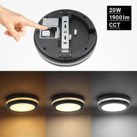 Kültéri IP védett LED mennyezeti lámpa mikrohullámú szenzorral, 20W 1900lm CCT(állítható színhőmérséklet) IP65, Dimmelhető, Fekete