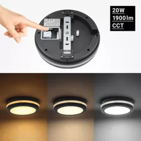 Kültéri IP védett LED mennyezeti lámpa mikrohullámú szenzorral, 20W 1900lm CCT(állítható színhőmérséklet) IP65, Dimmelhető, Fekete