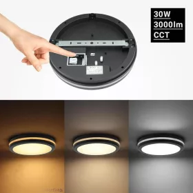   Kültéri IP védett LED mennyezeti lámpa mikrohullámú szenzorral, 30W 3000lm CCT(állítható színhőmérséklet) IP65, Fekete