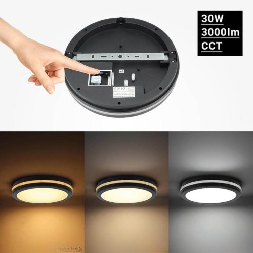 Kültéri IP védett LED mennyezeti lámpa mikrohullámú szenzorral, 30W 3000lm CCT(állítható színhőmérséklet) IP65, Fekete